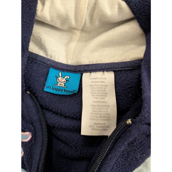It's Happy Bunny "I Just Realized, I Don't Care" Hoodie Sweater Blue 4X Fleece - Picture 3 of 5